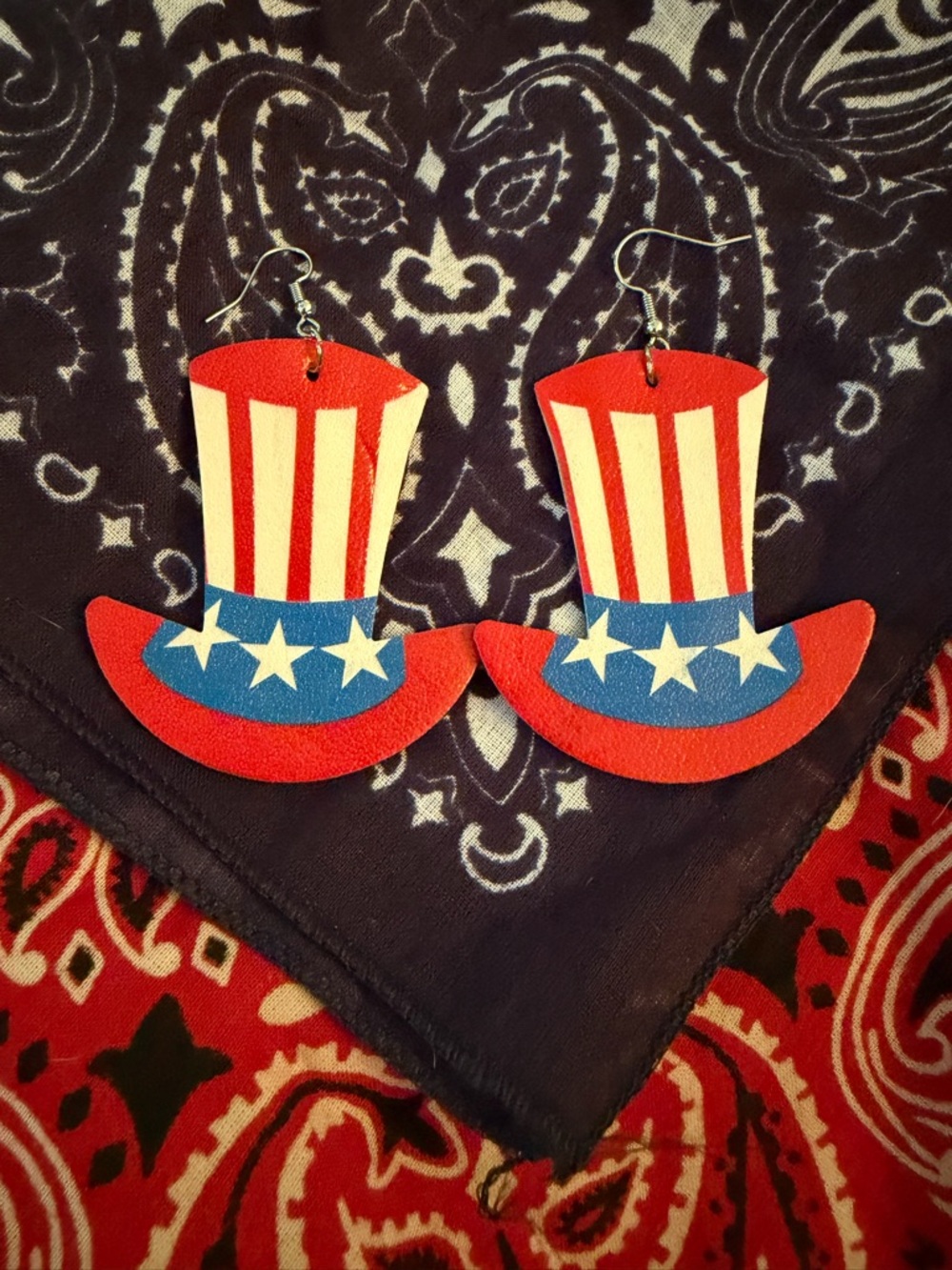 Patriotic Uncle Sam Hat Leather Earrings - Red, White & Blue